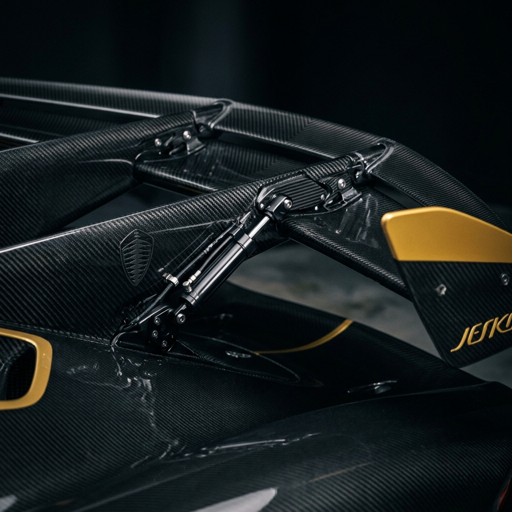 Detalhamento da asa traseira ativa Koenigsegg Jesko Attack em fibra de carbono prepreg