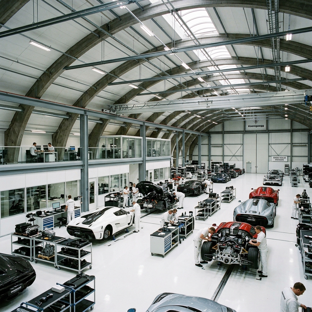 Visão panorâmica do hangar de produção da Força Aérea Sueca em Ängelholm Koenigsegg Jesko Attack