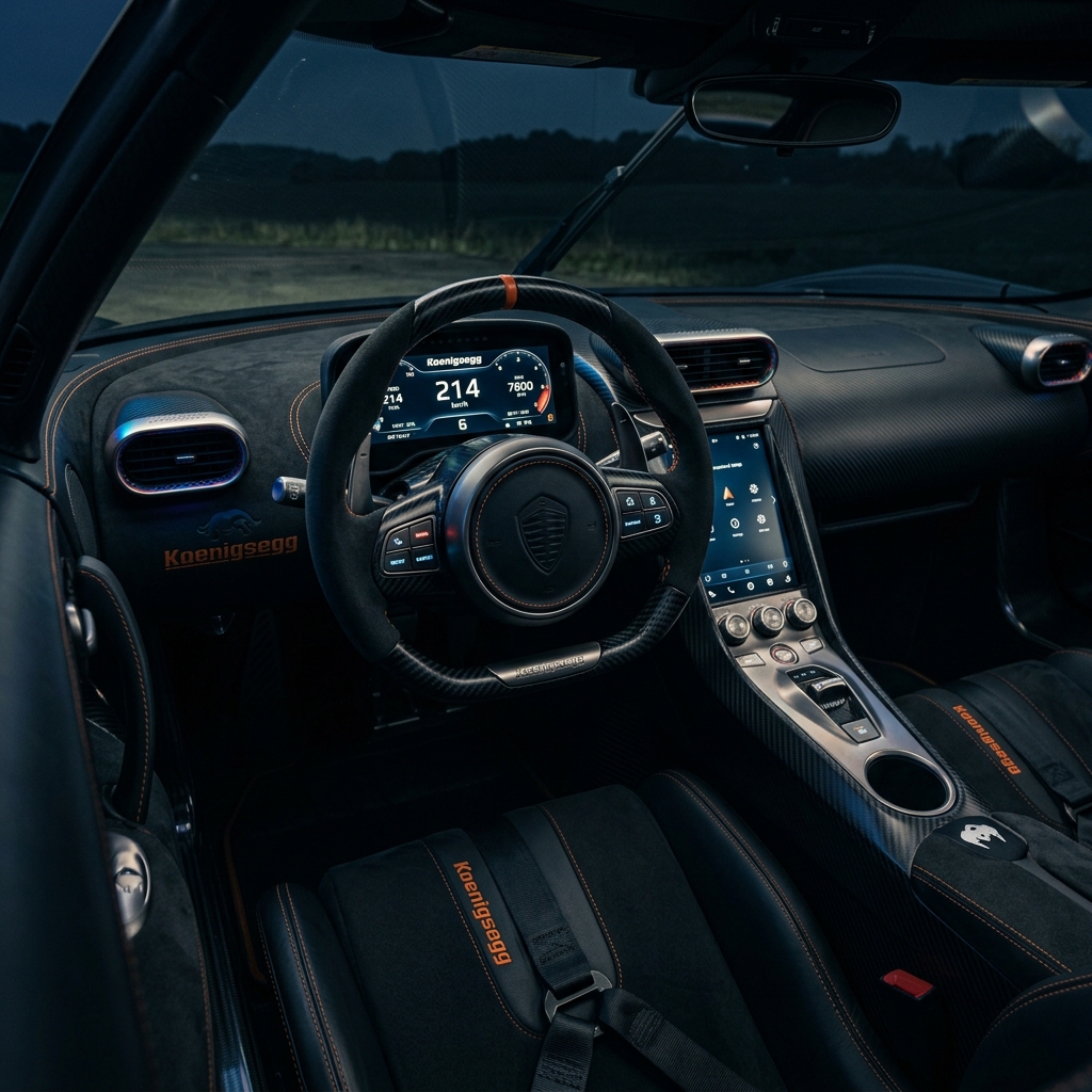 Visão lateral do cockpit e volante SmartCluster Koenigsegg Jesko Attack