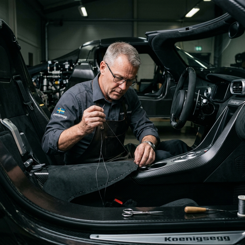 Artesão especialista realizando costura manual bespoke Koenigsegg Jesko Attack