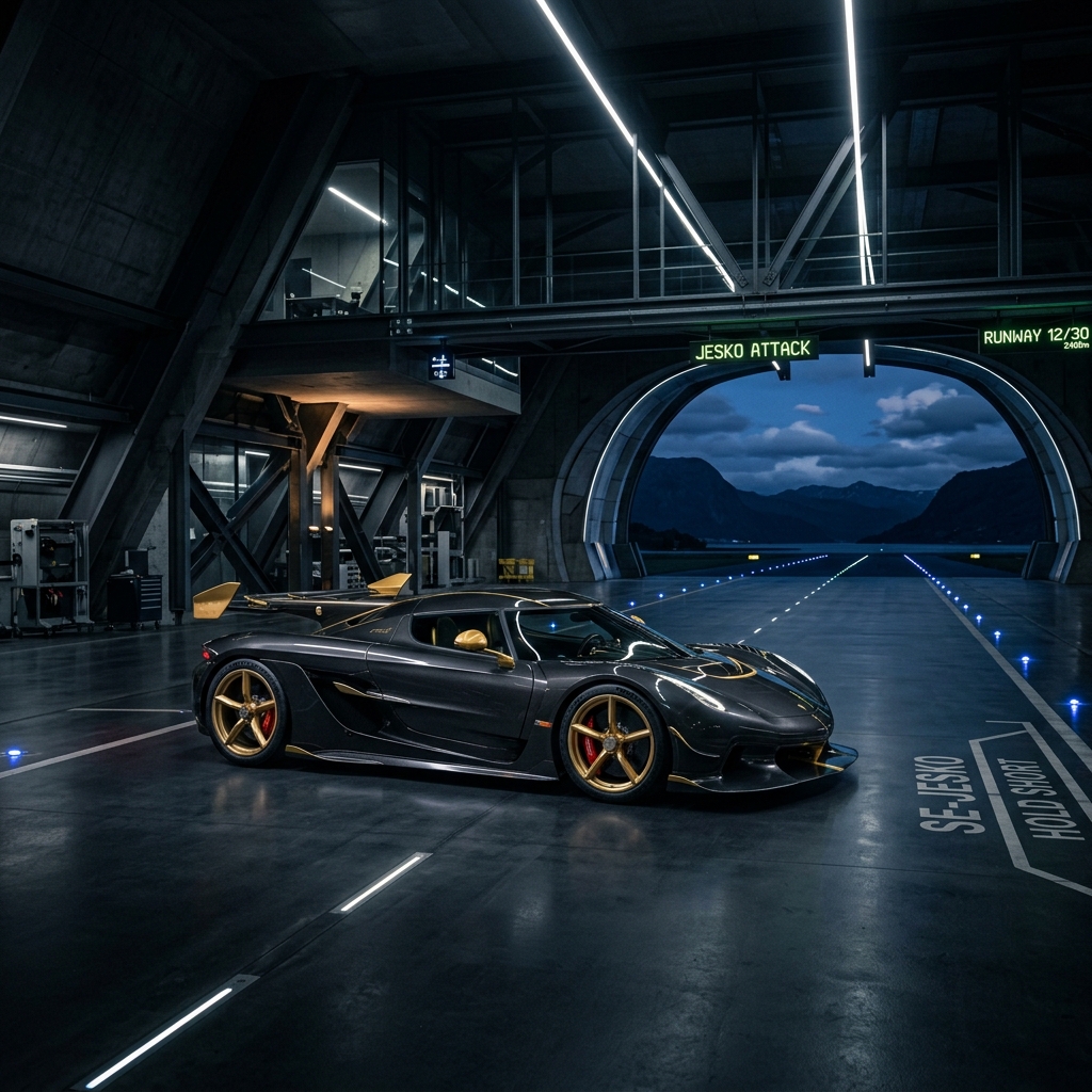 Vista frontal panorâmica 16:9 Koenigsegg Jesko Attack em hangar futurista de Ängelholm