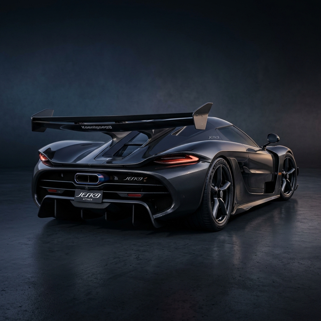 Ângulo traseiro 3/4 com difusor e aerofólio duplo Koenigsegg Jesko Attack