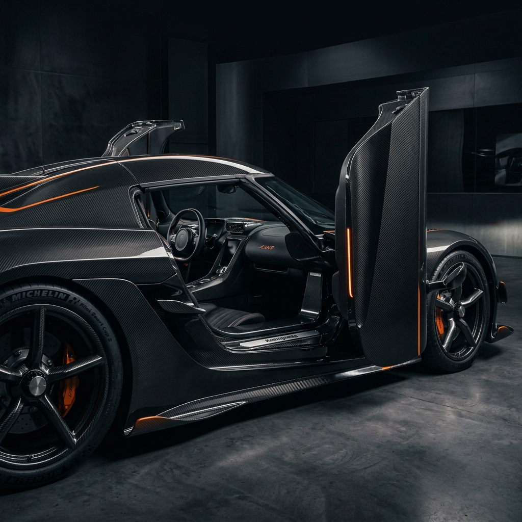 Portas diédricas Synchrohelix abertas em ângulo de 90 graus Koenigsegg Jesko Attack